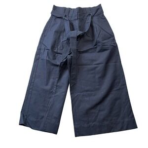 Boden 12 Navy Plazzo Pants Pleated Slit Pockets Belted Cotton Blend